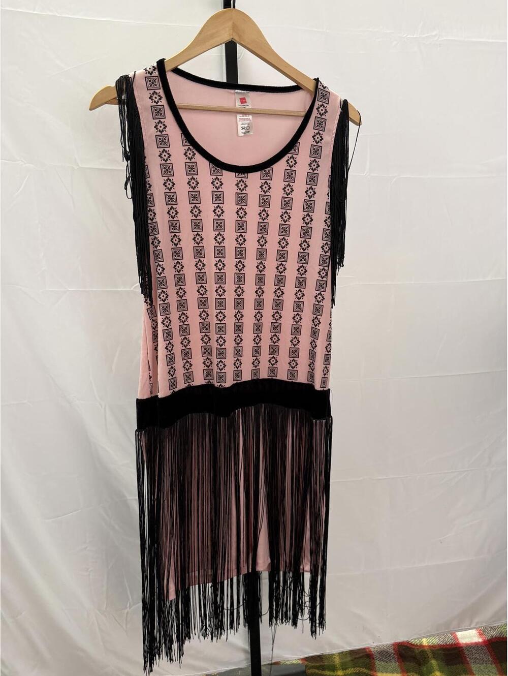 Flapper Costume Pink Sleeveless Casual Dress with Black Fringe and Pattern